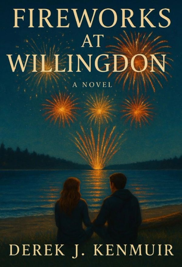 Couple watching fireworks over a lake at night in a novel cover.