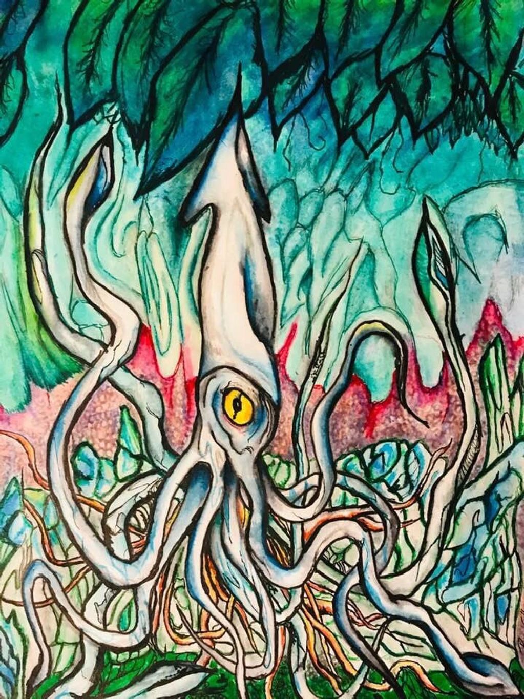"Tentacles"
Ink and Watercolor on Paper
2019