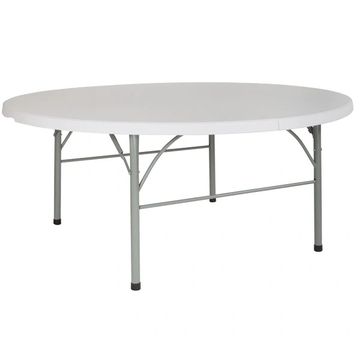 Round folding table with metal legs and white top.