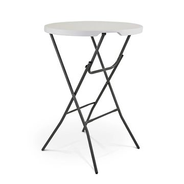 Round white folding table with black metal legs.