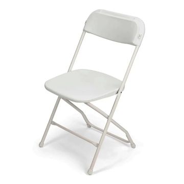 Simple white folding chair with metal frame and plastic seat and backrest.