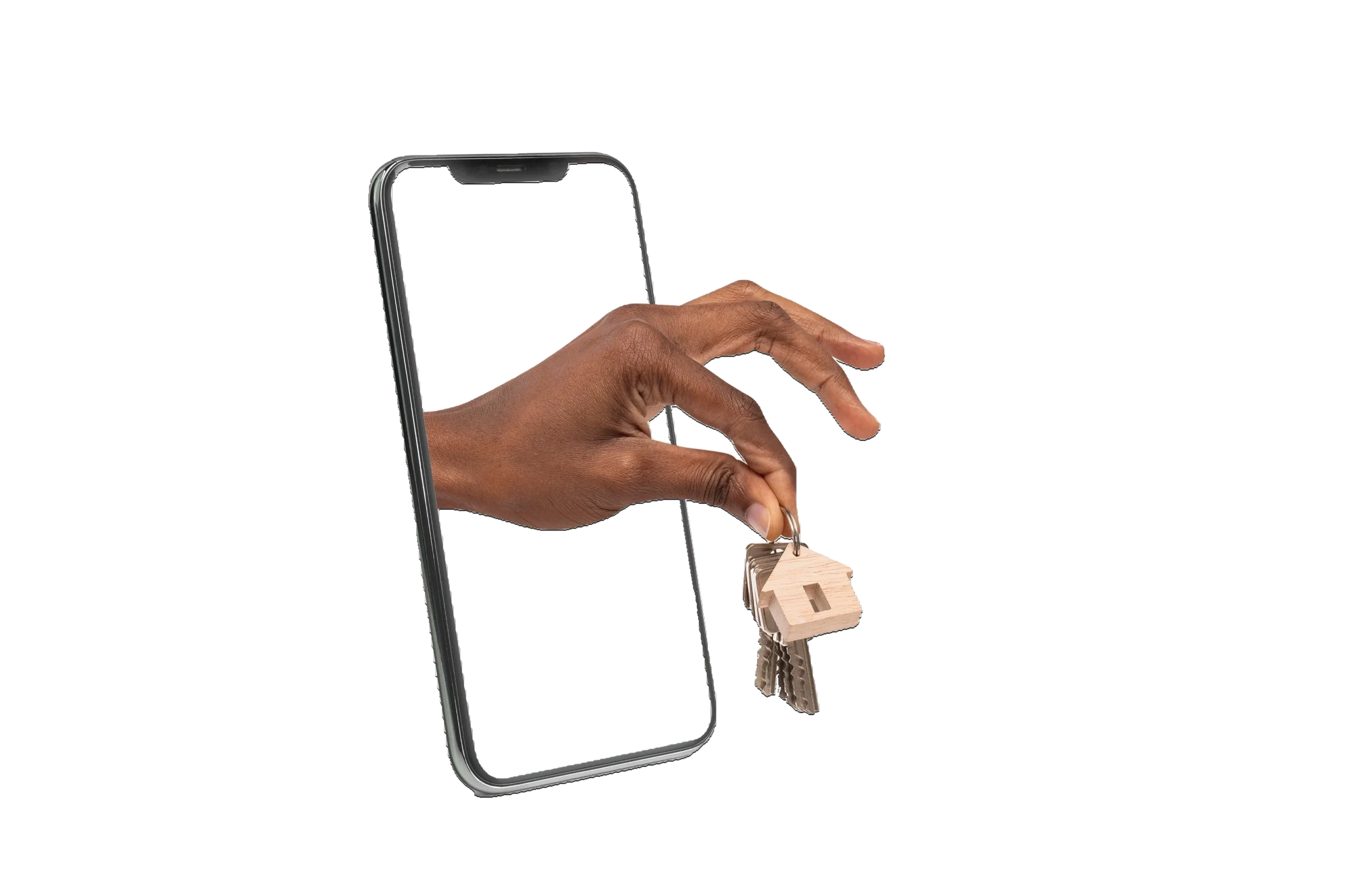 A hand reaching out of a mobilephone, handing you the keys to a house. Maybe your next home?