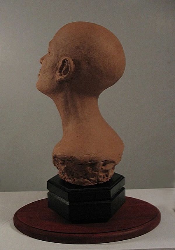 sculpture, plaster cast of bald womans head, Eve, back view