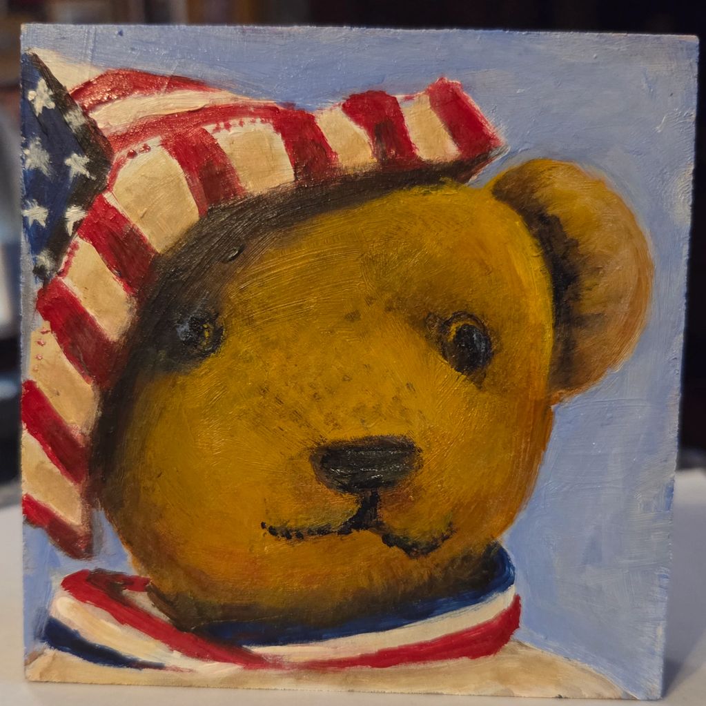 Patriotic Teddy Bear
Acrylic on wood block. 4x4
No need to find wall space- just sit this cute guy