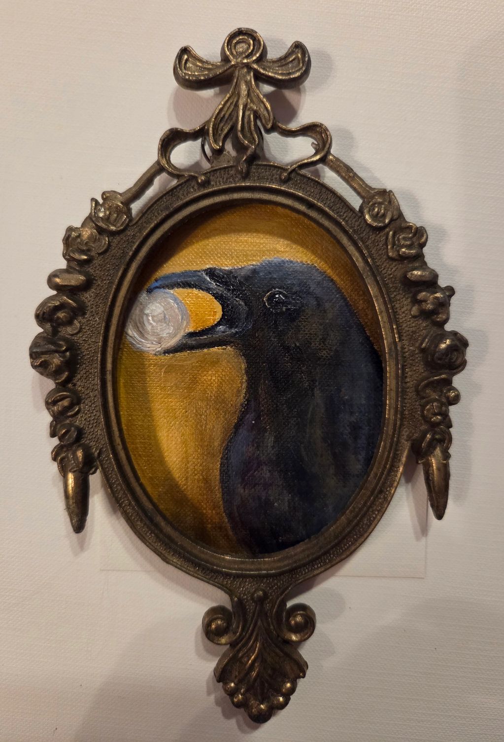Crow with a Pearl
Acrylic on canvas paper framed in a 2x3 vintage brass frame