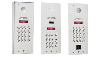 A stainless steel audio and video intercom system with an integrated LCD for visual display