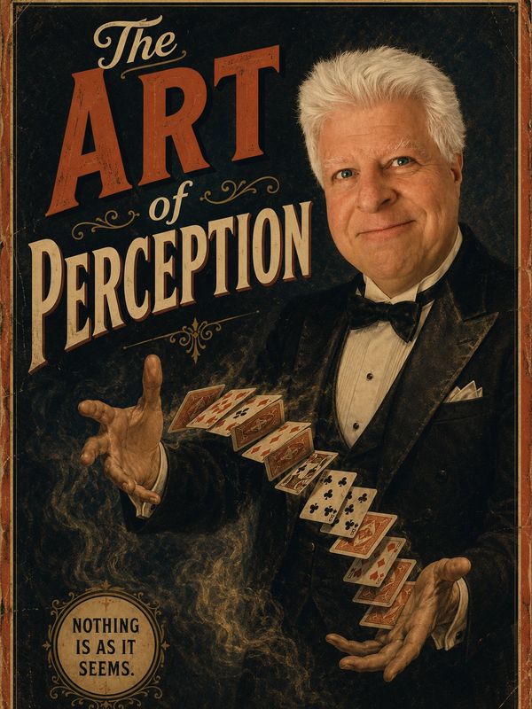 Magician performing card trick with vintage poster style.