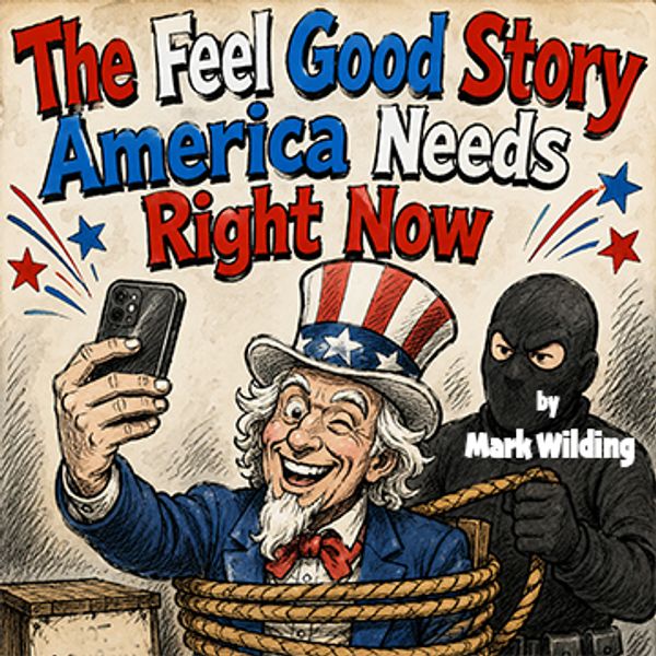 Uncle Sam taking a selfie while tied up by a masked man.