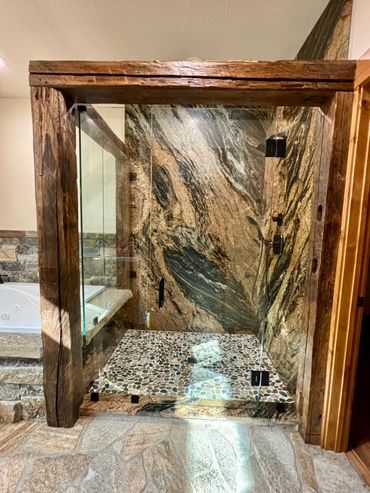 Post & beam custom glass shower enclosure for a Lakeside client of Precision Glass