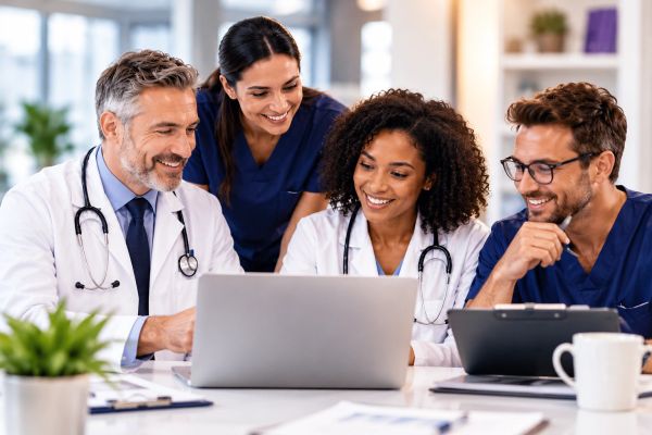 Doctors collaborating over a laptop.
