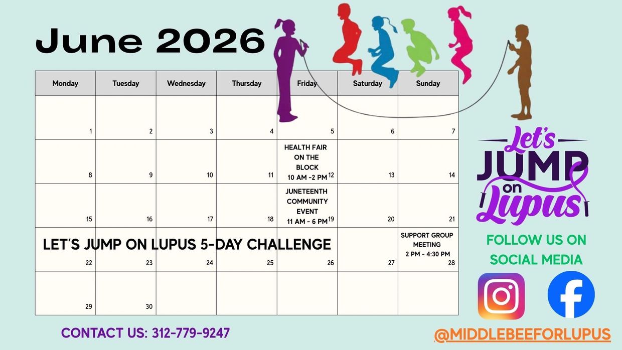 June 2026 calendar with lupus awareness events and social media info.