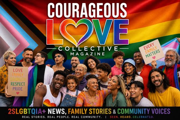 Diverse group celebrating LGBTQIA+ pride with colorful flags and signs about love and family.