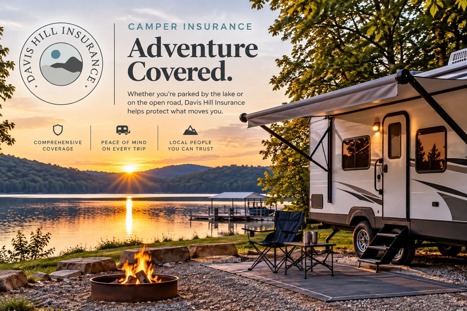 Camper insurance ad with sunset lake and RV.