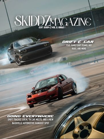Two cars drifting on a race track featured on Skiddz Magazine cover.