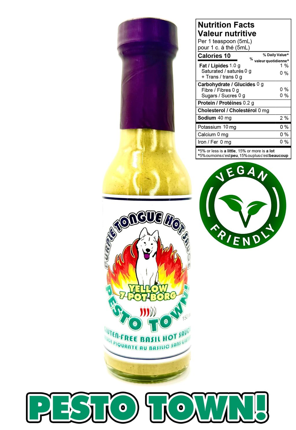 Bottle of Purple Tongue Hot Sauce Pesto Town! with nutrition facts and vegan-friendly label.