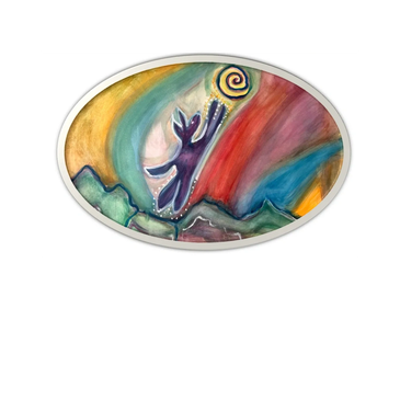 Abstract painting of a figure reaching toward a spiral sun over colorful mountains.