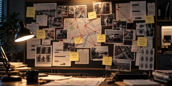 Detective board with photos and notes connected by strings.