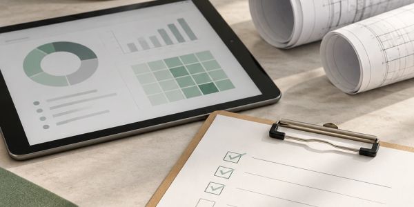 Tablet displaying financial charts next to checklist and rolled-up blueprints.