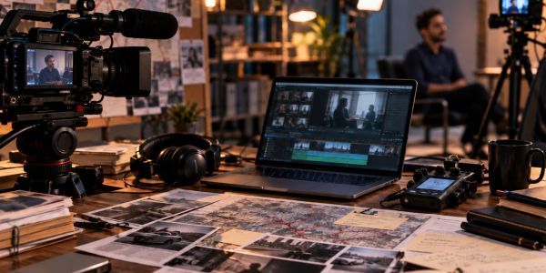 Workspace with video editing setup and scattered photos.