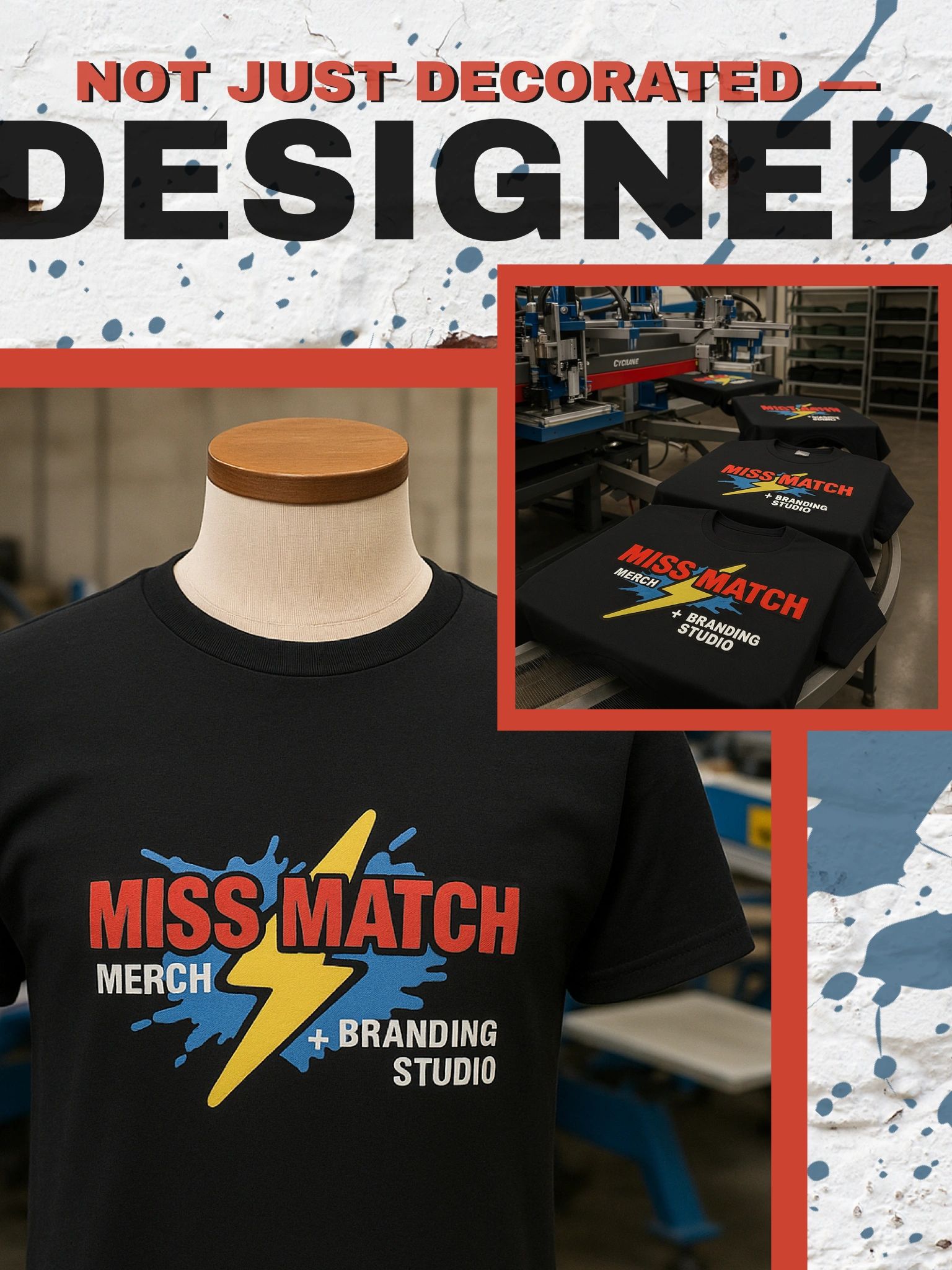 Black t-shirts with colorful "Miss Match" branding on a mannequin and production line.