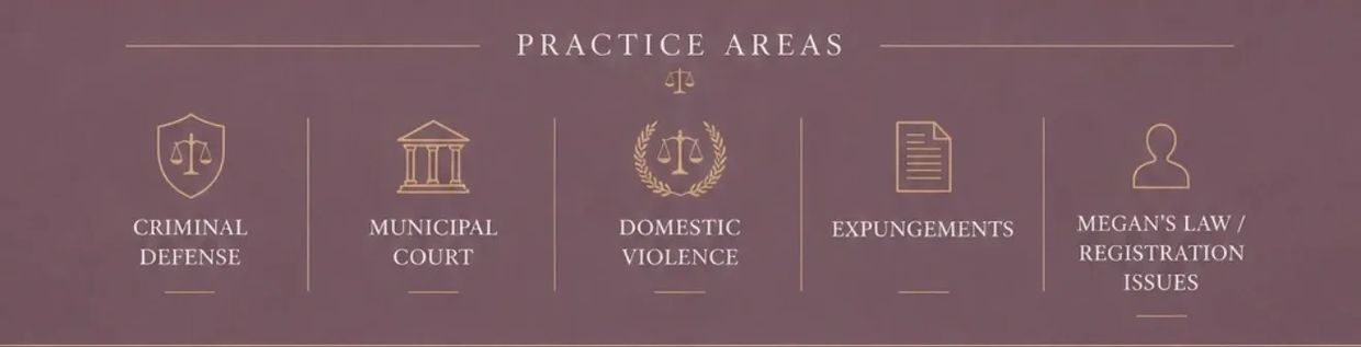 Legal practice areas including criminal defense and domestic violence.