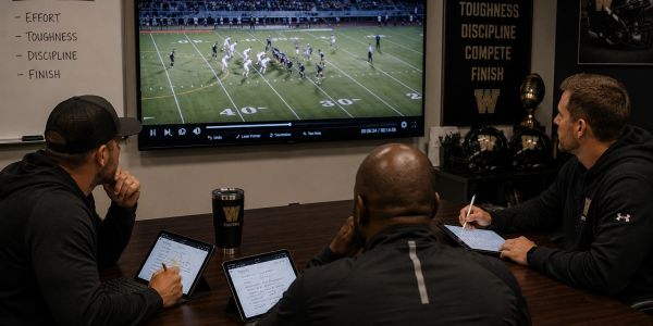 Three coaches analyze a football game on a screen in a meeting room.