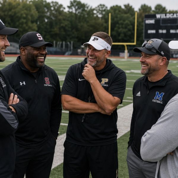 Group of football coaches laughing on the field.