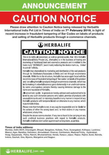 Herbalife caution notice on tampering and e-commerce sales in India.