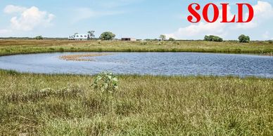 A peaceful rural pond with grassy fields and a sold sign.