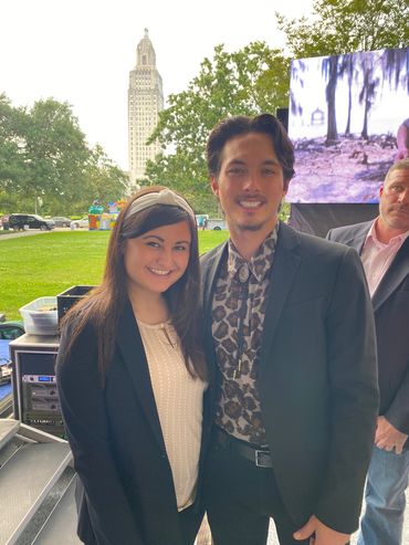 Mia Ditta with American Idol Winner Laine Hardy in front of the Louisiana State Capitol Building