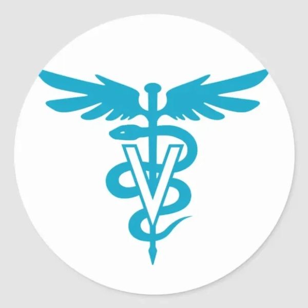 Blue veterinary symbol with a winged staff and snake.