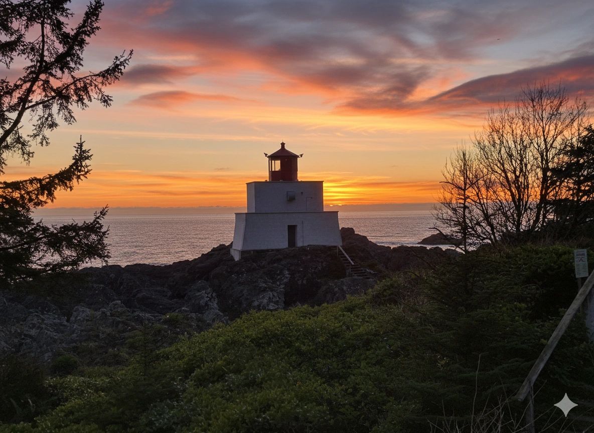 A lighthouse silhouetted against a colorful sunset over the ocean.