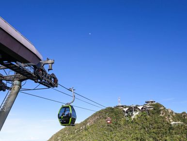 Langkawi cable car hanging on the cable, with a great view