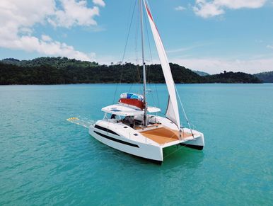 Sailing catamaran Rubylite with a raised sail, floating on turquoise waters near a green island
