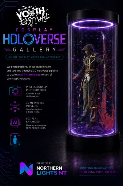 Palmerston Youth Festival Holoverse Cosplay Gallery ad with 3D metaverse cosplay photography.
