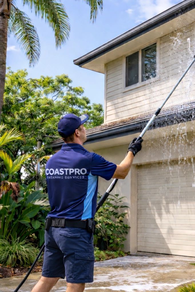 Coast Pro technician pressure washing a two-storey house exterior on the Sunshine Coast