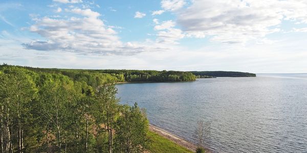 Peaceful lakeside with green trees under a partly cloudy sky.