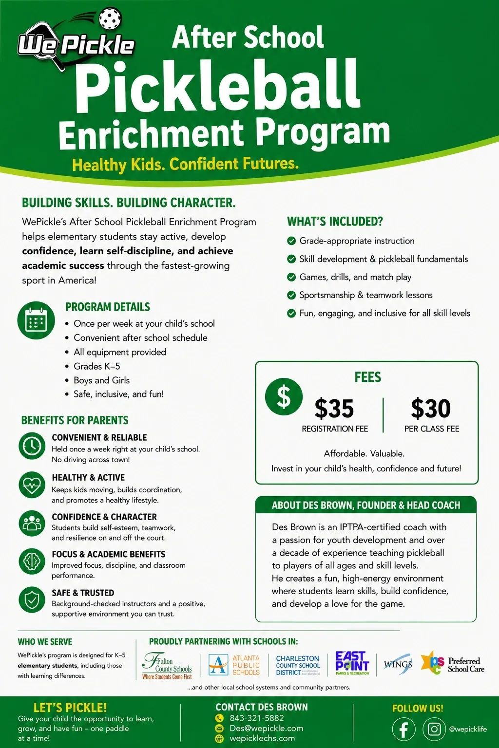 After School Pickleball Enrichment Program for kids K-5.