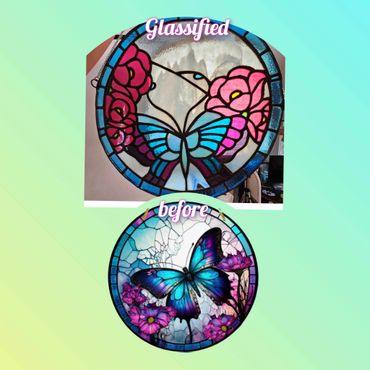 Stained glass butterfly art with floral designs, before and after restoration.