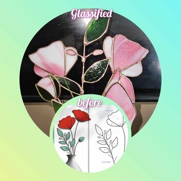 Pink and green stained glass flowers inspired by a red flower sketch.