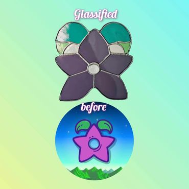 Comparison of a cartoon star-shaped character and its glassified stained glass version.