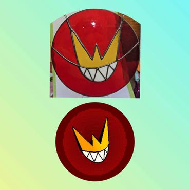 Comparison of a stained glass art and its digital pixel art version.