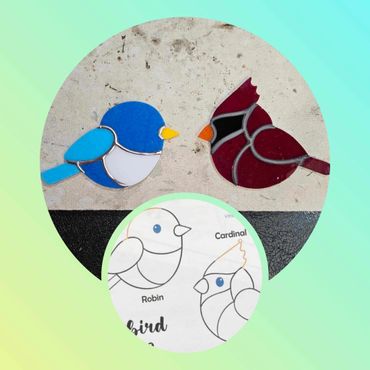 Stained glass birds of a robin and cardinal with their illustration guide.