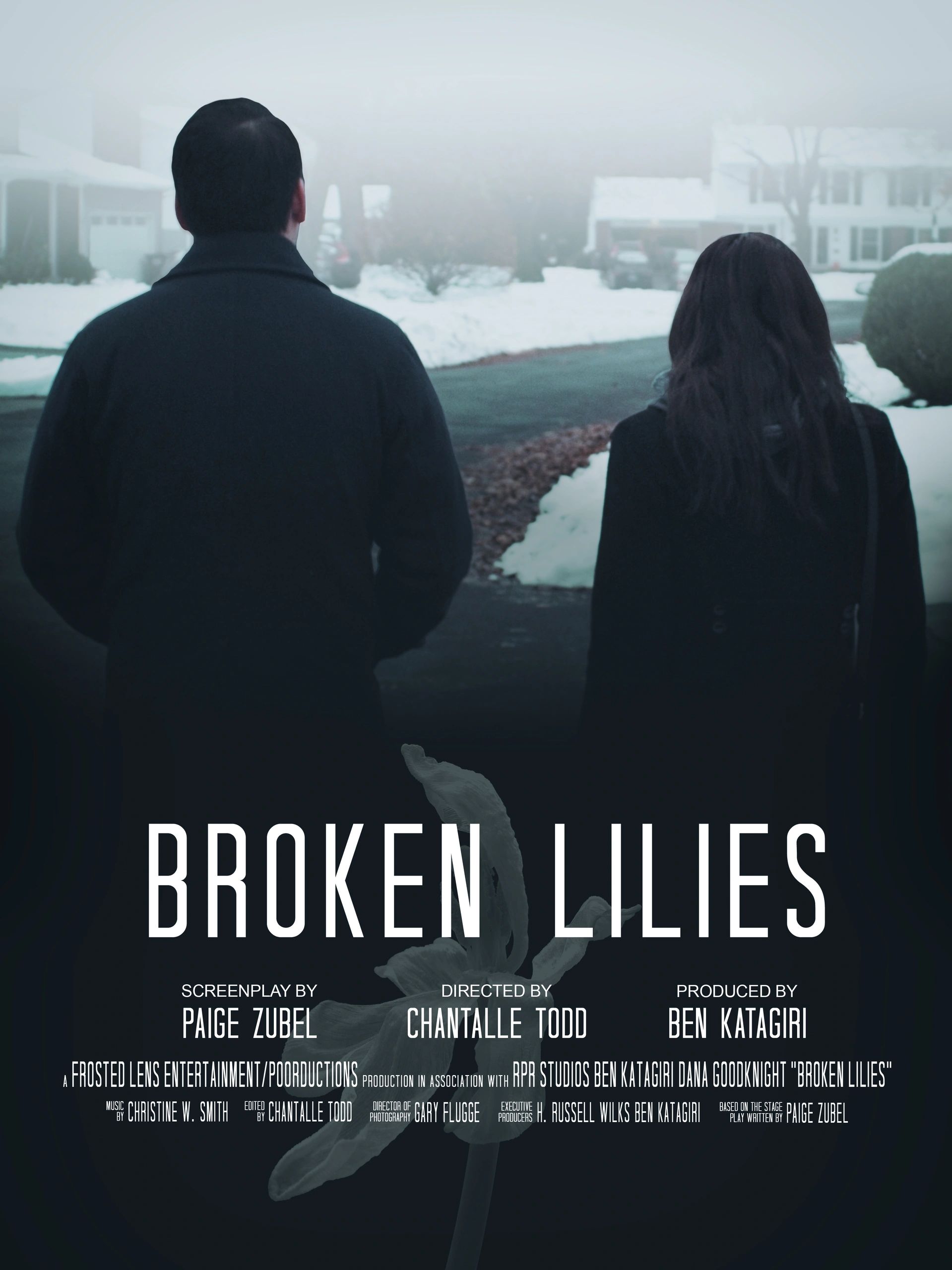 Broken Lilies Poster. A couple walks away on a cloudy day.