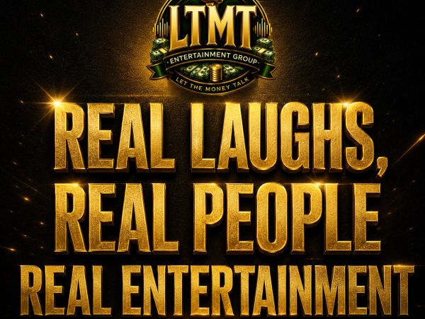 Golden text promoting real laughs, real people, real entertainment.