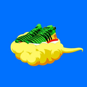 Shoes sit on a cartoon cloud from the series Dragonball-Z to promote a themed shoe release