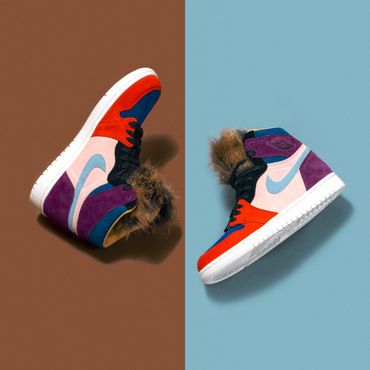 Sneakers flying in midair in front of complimentary colored backdrops
