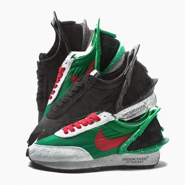 A photo collage of the same shoe multiplied in a way that it appears to be mutating