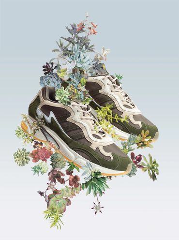 Digital collage of sneakers interwoven between collaged images of plants