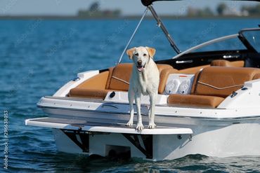 Dog on a boat looking happy to be at the lake. Folsom Lake Decontamination.